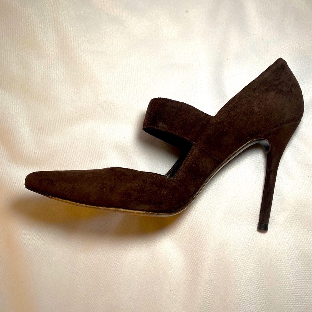 Stuart Weitzman Brown Suede Strap Pumps, Size 6.